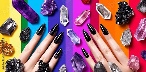 The interaction of interesting hands with colorful glass containers filled with various kinds of stones showcases artistic design within a vibrant setting