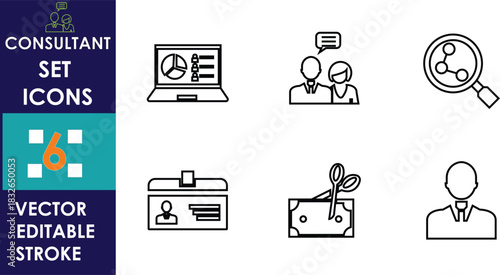 Clean consultant icon set featuring analytics, discussion, research, identification, problem-solving, and professional profile symbols, all designed in a simple outline style with editable vector stro