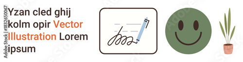Office branding, digital communication, identity, education, design guides, creative content. Pen signing a document, happy face potted plant random text. Office branding and digital communication