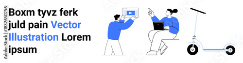 Two people collaborating on tablet and laptop near an electric scooter. Ideal for teamwork, remote work, modern lifestyle, tech innovation, productivity, mobility, simple landing page