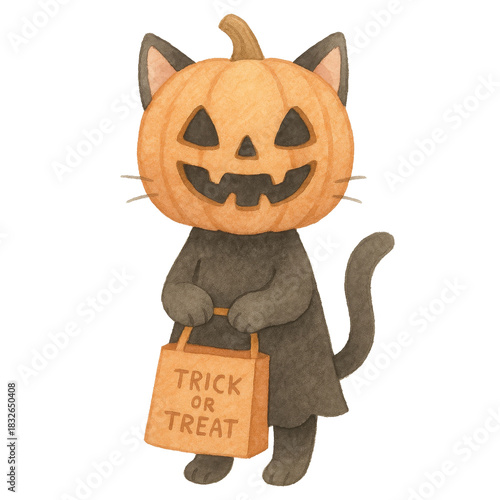 Adorable Cat Wearing Pumpkin Costume with Trick or Treat Bag
