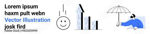Business protection, urban growth, positivity, minimal designs, conceptual art, graphic visuals. happy face, tall buildings man holding umbrella. Business protection and urban growth