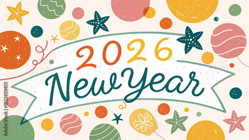Illustration of new year 2026 with starfish and colorful circles on a light background for celebration