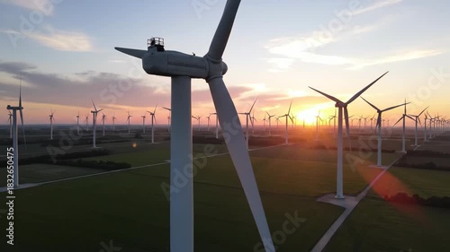 Vast fields of wind turbines turn gracefully against a vibrant sunset generating renewable energy