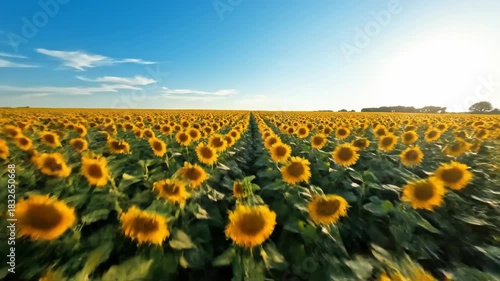 Vast golden sunflower fields stretching towards a bright blue sky on a sunny summer day