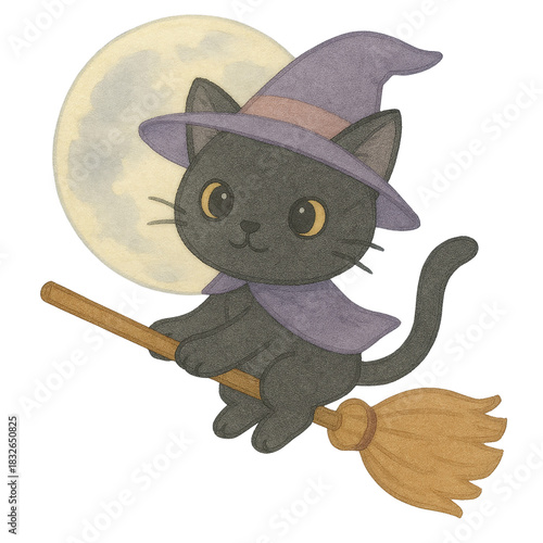 Cute Cartoon Black Cat in Witch Hat Flying on Broom with Moon