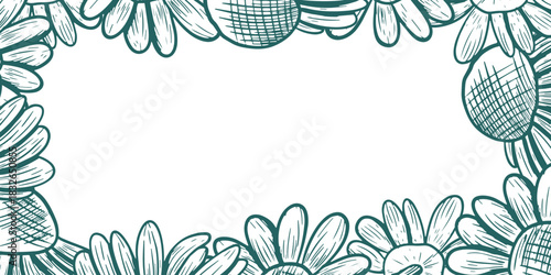 A rectangular frame with large chamomile around the edges. This vector frame features a line art style. It features a botanical illustration of wildflowers. It's done in a popular turquoise shade.