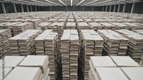 Vast indoor storage facility filled with towering stacks of unbound documents and records arranged in orderly rows under modern lighting