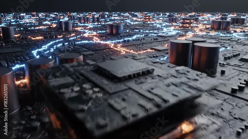 Vast interconnected circuits hum with controlled power and glowing lights in a futuristic cityscape