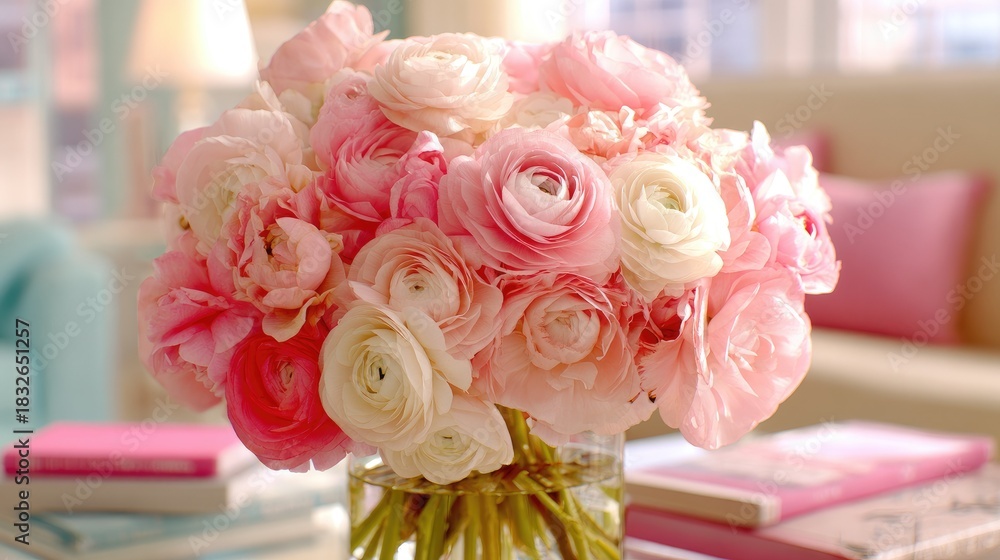 Obraz premium Soft pink and white flowers fill a vase on a table.