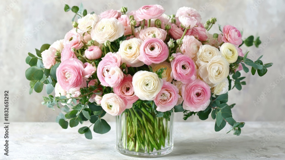 Obraz premium Delicate bouquet of pink and white ranunculus flowers arranged in a glass vase.