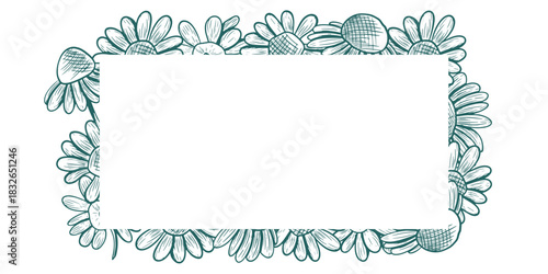 Rectangular frame with space for text and daisy flowers. Vector frame in line art style. Botanical drawing of wildflowers. Executed in a popular dark turquoise shade. Nature engraving.