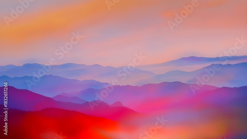 Abstract landscape painting with vibrant colors and layered mountains
