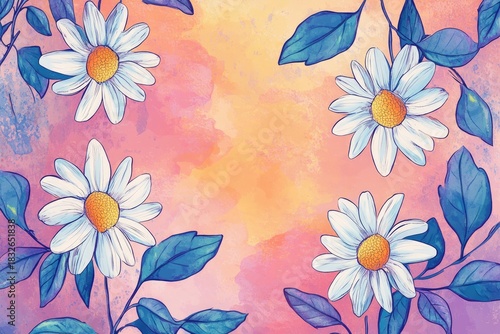 A vibrant watercolor painting of a sunset over a serene lake, with daisies and blue flowers in the foreground, and a solitary figure standing on the shore, gazing out at the horizon.