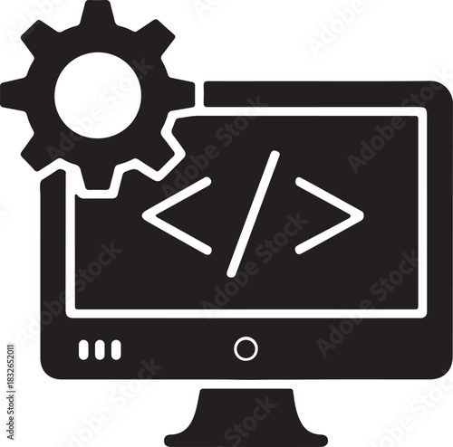 Coding interface silhouette icon with gear software development symbol vector illustration 
