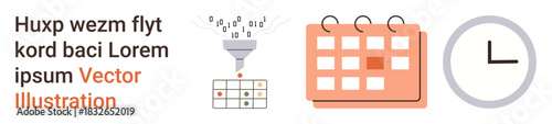 Data management, scheduling, productivity, process organization, time optimization, planning visuals. Icons of data funnel, calendar and clock. Data management and scheduling concept