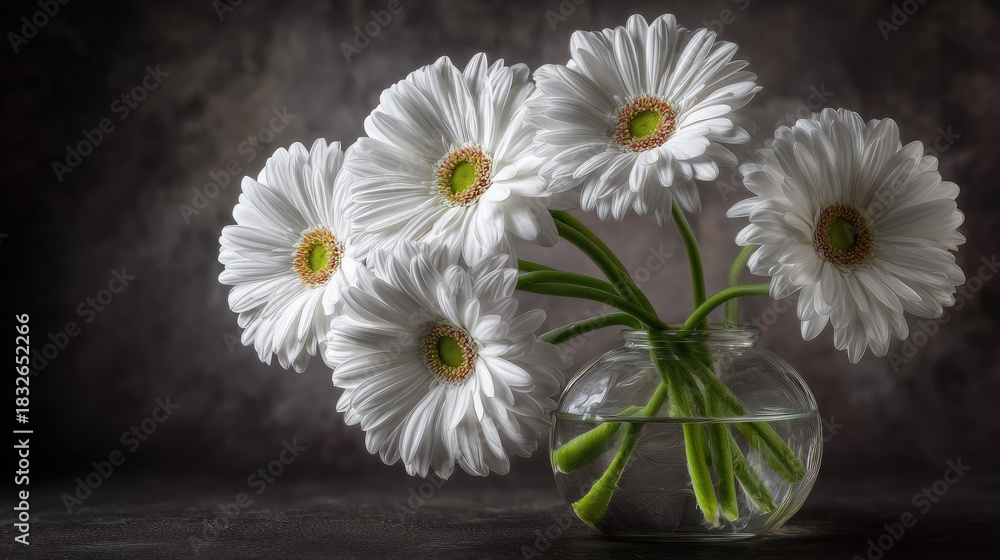 Obraz premium White gerbera daisies in a clear vase on a dark textured background.