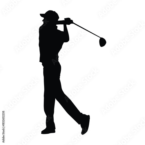 Golfer Silhouette During a Powerful Swing with a Driver Club. Concept of Golf, Sport, Luxury Leisure, Precision, and Focus.