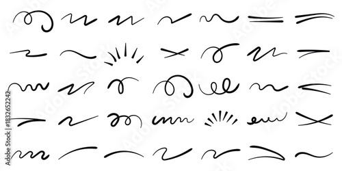 Squiggly Lines, Writing abstract shape. Squiggle brush scribble underline. Marker pen emphasis highlight swoosh stroke. Vector swoosh brush underline set for accent, marker emphasis squiggle element. 
