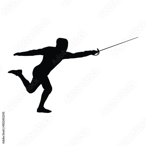 Fencer Silhouette Executing a Dynamic Attack Lunge with a Sword. Concept of Action, Precision Sport, Speed, and Aggressive Move.