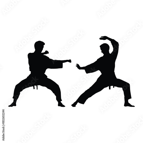 Two Martial Arts Silhouettes Performing Kata or Kumite Stances. Concept of Karate, Self-Defense, Discipline, and Combat Training.