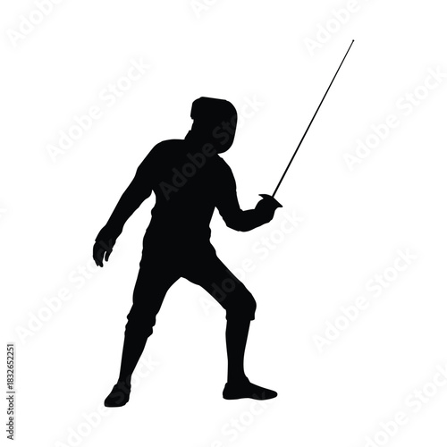 Fencer Silhouette in a Defensive On-Guard Stance. Concept of Fencing, Duel Sport, Precision, Strategy, and Historical Combat.