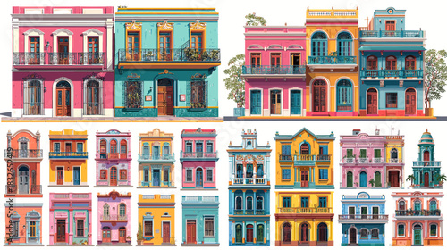 Bright colonial style building facades with vibrant colors and ornate architectural details, ideal for cultural themes, travel concepts, and creative urban illustrations.