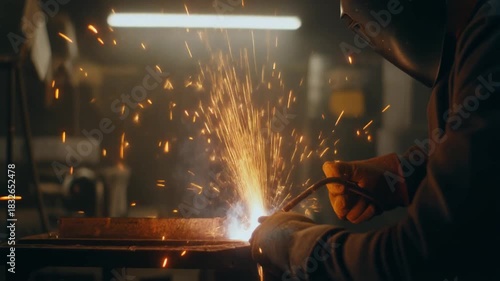 Wallpaper Mural a professional welder wearing complete personal protective equipment, including a welding helmet and gloves, as he performs arc welding on metal in an industrial workshop environment. Yan sparksk Torontodigital.ca