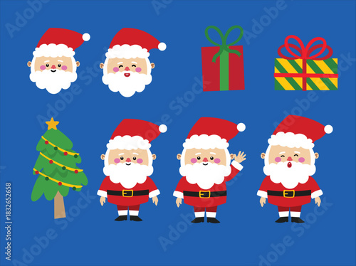 Santa Claus Expression Set with Christmas Gifts and Holiday Tree. Designed in a cheerful and colorful style, perfect for seasonal graphics, greeting cards, stickers, animations, social media posts