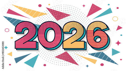 Illustration of the year two thousand and twenty six with confetti and triangle shapes background