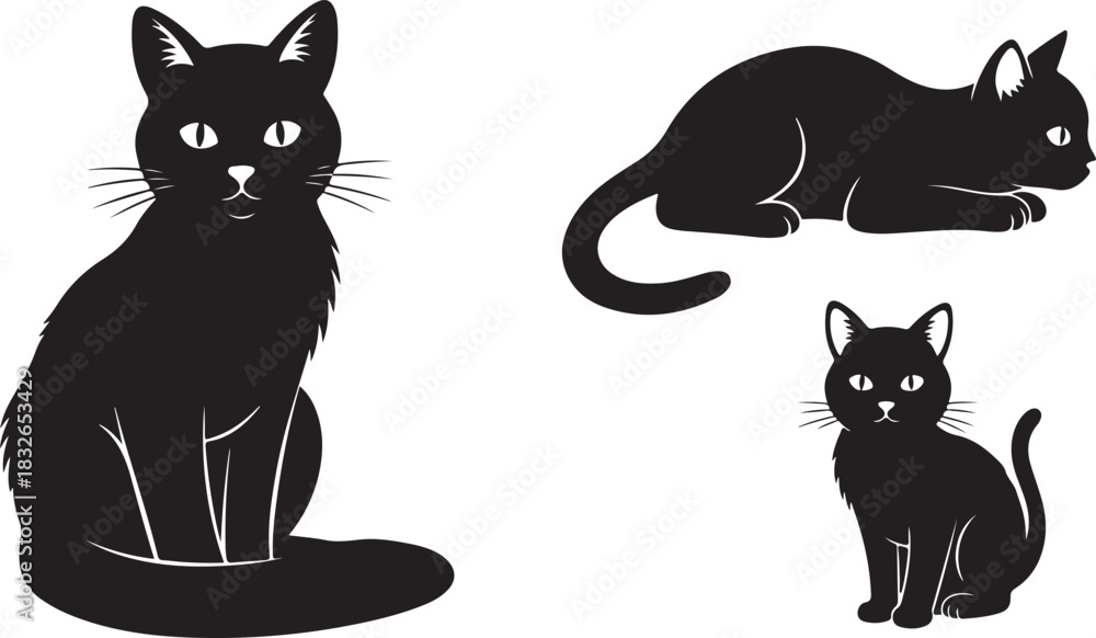 Fototapeta premium Black Cat Silhouette Collection – Cute Sitting and Standing Cat Vector Set for Stickers, T-Shirts, and Craft Designs