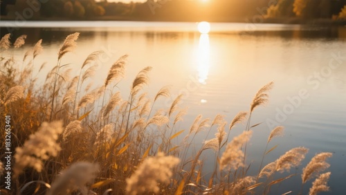 Reeds by an autumn lake face the sunset, with warm golden glow spreading over the water, conveying the quiet and gentle atmosphere of autumn's natural scenery.