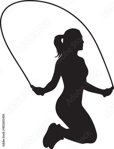 Black silhouette of a woman performing jump rope exercise, symbolizing fitness, health, and active living.
