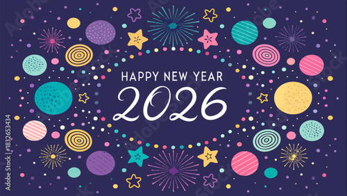 Illustration of happy new year 2026 with colorful stars and confetti on a dark blue background design