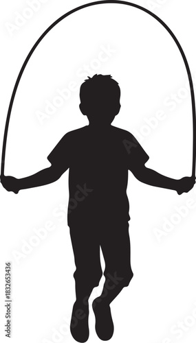 Young boy silhouette jumping rope for exercise, depicting active childhood and healthy fitness.
