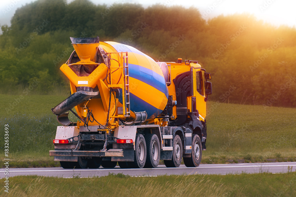 Fototapeta premium Concrete mixer lorry moving through green nature