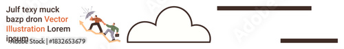 Cloud storage, data management, technology, teamwork, innovation, digital transition. Two abstract figures interacting near a cloud shape and text elements. Cloud storage and data management