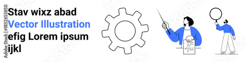 Gear for technology focus, person presenting data with pointer, and individual holding balloon offer concepts of teamwork, innovation, and interaction. Ideal for education, business, creative