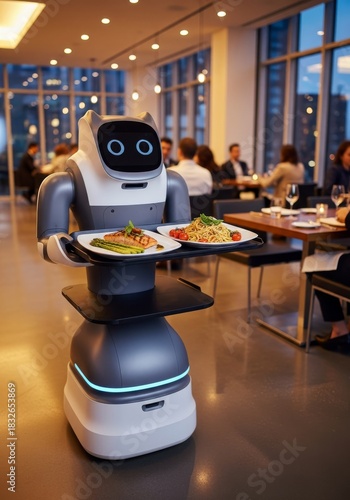 robot holding tray in modern restaurant for restaurant  cooking