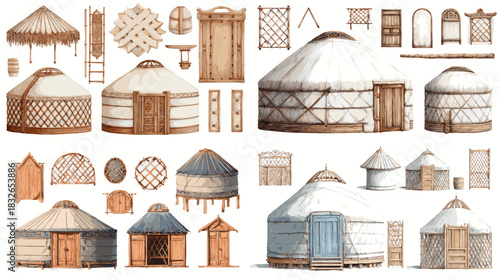Illustrations of traditional yurts and wooden structural elements featuring natural materials, cultural architecture, and handcrafted building components.