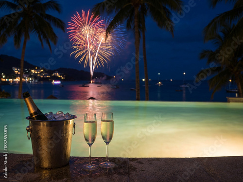 Romantic New Year's Eve celebration with champagne and fireworks at luxury resort swimming pool.