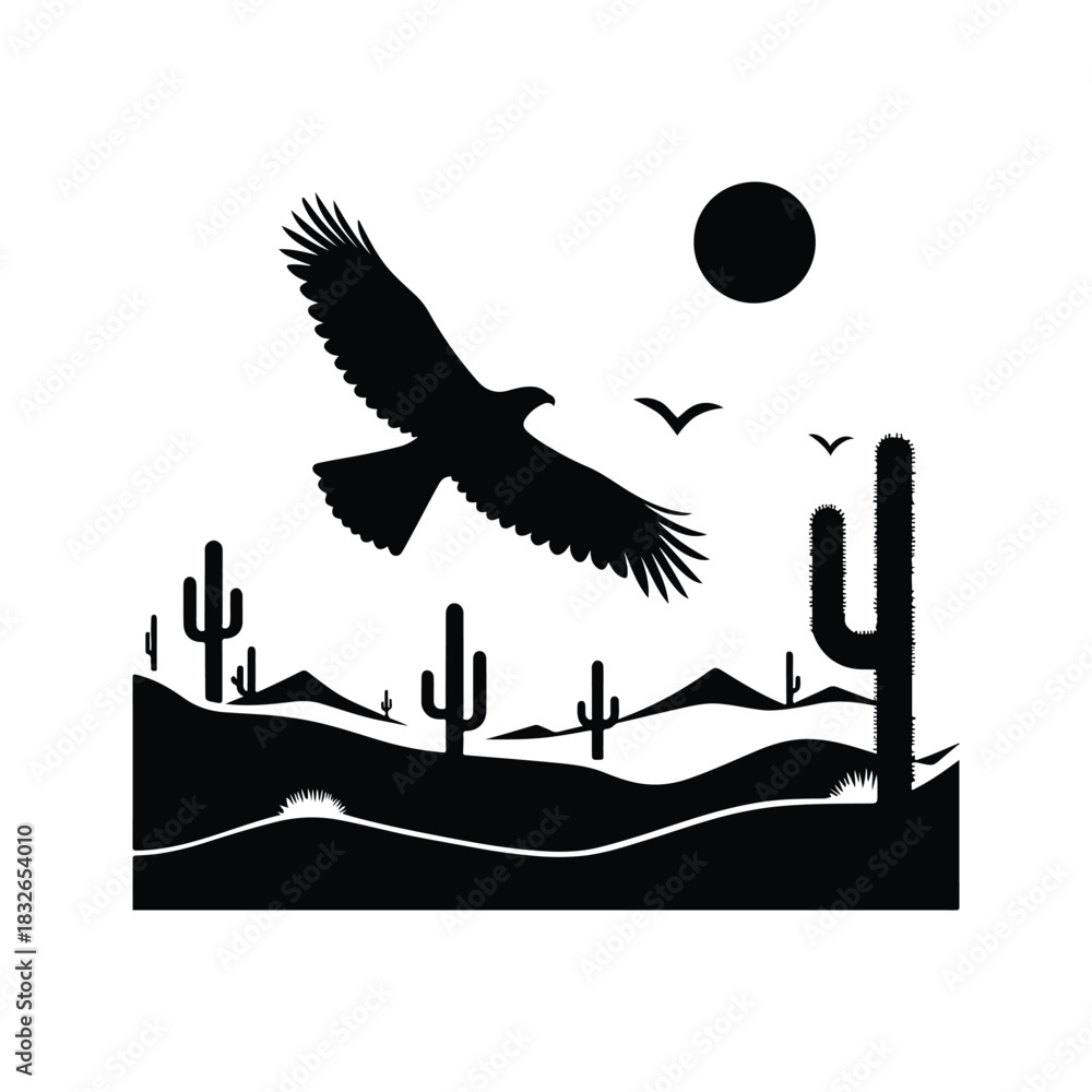 Fototapeta premium hawk flying over desert cactus landscape vector silhouette line art illustration 