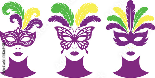 Mardi Gras Masks with Feathers Faces Silhouettes Celebration Vector Graphics 