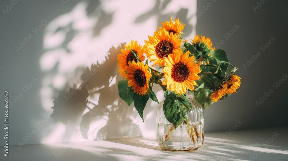 custom made wallpaper toronto digitalBunch of sunflowers in a clear glass vase with dappled light and shadow.