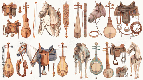 Detailed illustrations of horses, saddles, and traditional string instruments with rustic tones, capturing cultural craftsmanship and classic equestrian themes.