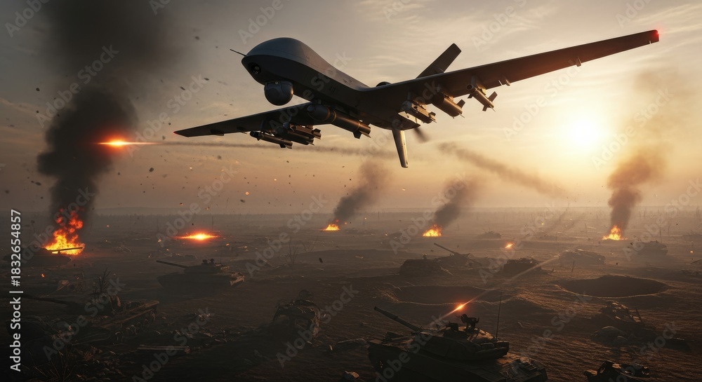 Naklejka premium Weaponized drone flying above battlefield