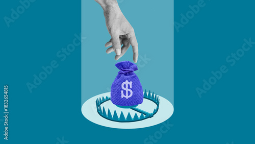 Financial Trap Concept with Money Bag on Bear Trap Symbolizing High-Risk Loans with Hidden Fees. Business fraud and risk, Greed and financial pitfall