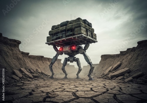 Military robot carrying heavy gear  on the rocky hill the vast desert landscape and canyon view under a cloudy sky