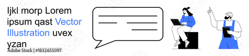 Remote teamwork, digital communication, brainstorming, virtual learning, creative workspaces, project discussions. Two people interacting with speech bubbles and devices. Remote teamwork and digital