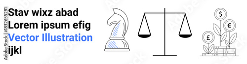 Business strategy, legal balance, financial growth, investment planning, decision-making, wealth management. Chess knight, scales and money plants strategy justice and growth. Business strategy
